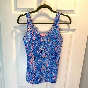 Lilly Pulitzer Blue and Pink Tile Mosaic Patterned Pima Cotton Knit Tank Top 🩵 🩷